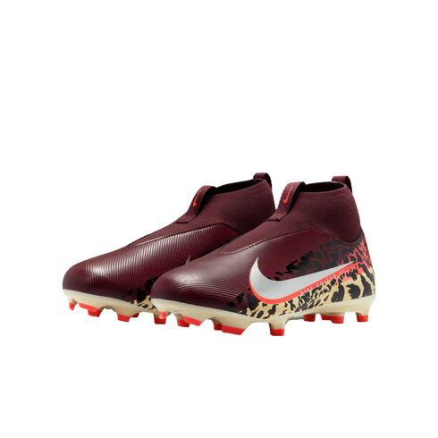 A pair of maroon Nike high-top, laceless soccer cleats with a white swoosh and a leopard-print pattern on the heel, displayed against a solid black background.