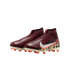 A pair of maroon Nike high-top, laceless soccer cleats with a white swoosh and a leopard-print pattern on the heel, displayed against a solid black background.