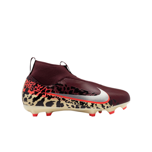 A side-profile image of a maroon Nike high-top soccer cleat featuring a silver swoosh and a beige and black leopard-print pattern on the lower half. The cleat is set against a solid black background.
