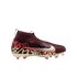 A side-profile image of a maroon Nike high-top soccer cleat featuring a silver swoosh and a beige and black leopard-print pattern on the lower half. The cleat is set against a solid black background.