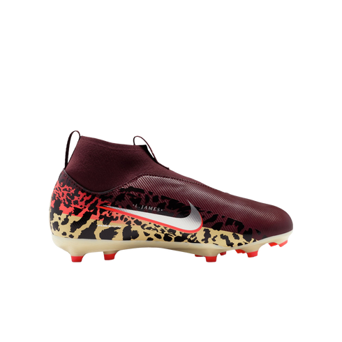 A side-profile view of a Nike LeBron James collaboration football cleat featuring a maroon high-top upper, a silver Nike swoosh, and a leopard-print base on a black background.