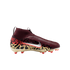A side-profile view of a Nike LeBron James collaboration football cleat featuring a maroon high-top upper, a silver Nike swoosh, and a leopard-print base on a black background.
