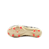 A bottom-up view of a soccer cleat with an off-white outsole and bright orange studs. The shoe's upper, visible around the edges, features a leopard print pattern.