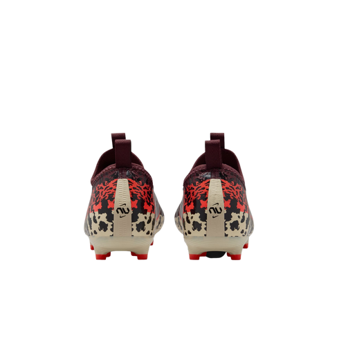 A rear view of a pair of soccer cleats featuring a bold leopard-print pattern in red, black, and cream. The cleats have maroon heel collars with pull tabs and bright red studs on the sole, set against a solid black background.