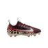 A side profile view of a Nike soccer cleat featuring a maroon upper, a silver metallic swoosh with a red outline, and a black and cream animal print pattern on the lower section, set against a solid black background.