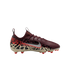 A side-profile view of a Nike soccer cleat against a solid black background. The shoe features a maroon upper with matching laces and a lower section decorated with a tan and black leopard print that transitions into red at the heel. A large silver Nike s