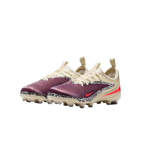 A pair of Nike soccer cleats featuring a deep purple textured forefoot, cream-colored heel and laces, and a black-and-white leopard print midfoot accent, set against a solid black background.