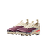 A pair of Nike soccer cleats featuring a deep purple textured forefoot, cream-colored heel and laces, and a black-and-white leopard print midfoot accent, set against a solid black background.