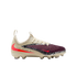 A side profile of a cream-colored Nike soccer cleat set against a solid black background. The shoe features a ridged burgundy toe box, a black-and-white leopard print accent stripe, and bright neon red swoosh logos. The side of the heel displays the text