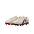 A pair of off-white Nike soccer cleats featuring a leopard print design on the heel and bright orange studs, set against a solid black background.