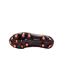 The glossy black outsole of a Nike soccer cleat featuring bright orange studs and a white Nike swoosh in the center. A leopard-print pattern is visible on the edges of the shoe's upper against a solid black background.