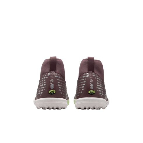Rear view of purple Nike Mercurial soccer cleats with white studded soles and "Zm Air" branding on the heels, set against a black background.