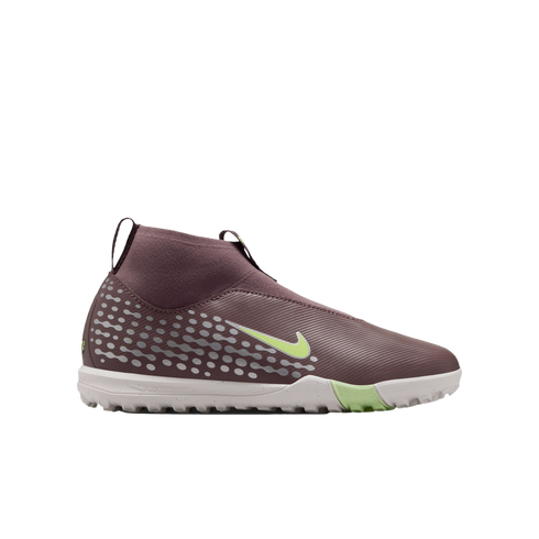 Profile view of a maroon Nike laceless soccer shoe with a light green swoosh and white textured sole against a black background.