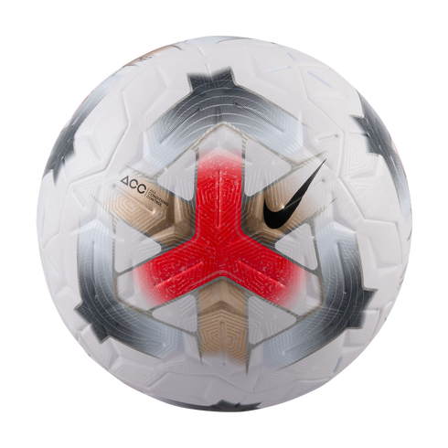 A white Nike soccer ball with red, gold, and grey geometric patterns, a black swoosh, and textured panels.