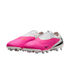 A pair of vibrant pink and white Nike soccer cleats with black swooshes and white studded soles, shown against a white background.
