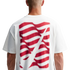 Rear view of a person in a white t-shirt with a red wavy striped graphic and a large white Nike swoosh on the back.