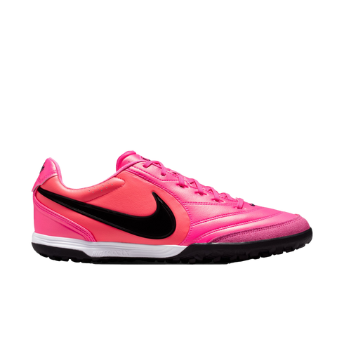 Side profile of a vibrant pink Nike React Gato indoor soccer shoe with a black swoosh, white midsole, and black rubber outsole.
