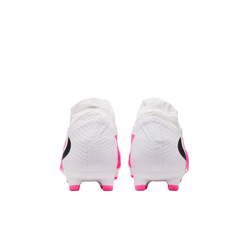 Rear view of a pair of white soccer cleats with pink and black accents on a white background.