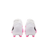Rear view of a pair of white soccer cleats with pink and black accents on a white background.