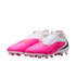 A pair of white and bright pink Nike soccer cleats. They feature textured pink forefeet, white high-top collars, and black Nike swooshes on the sides.