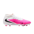 A white and pink Nike soccer cleat with black swooshes, white laces, and a sock-like collar, shown from the side.