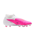 Side profile of a white Nike Phantom football boot featuring a vibrant pink textured forefoot and a black Nike swoosh.