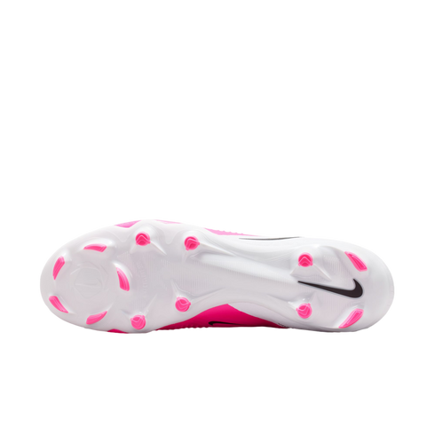 The white and pink soleplate of a Nike soccer cleat, showing bright pink studs and a black swoosh logo on the heel.