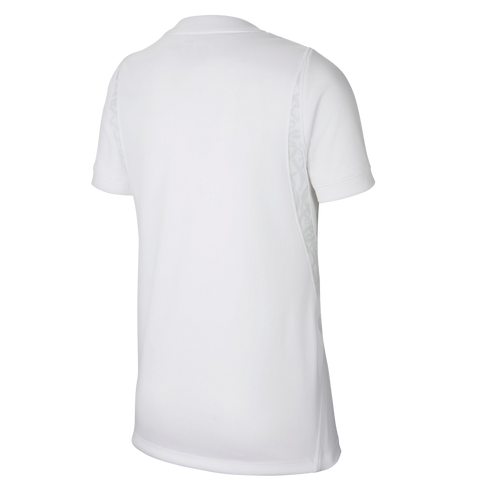 Rear view of a plain white, short-sleeved athletic jersey with patterned mesh side panels against a black background.