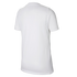 Rear view of a plain white, short-sleeved athletic jersey with patterned mesh side panels against a black background.