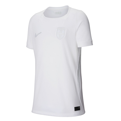 White short-sleeved Nike soccer jersey featuring a monochromatic Norway national team crest and silver swoosh on the chest.