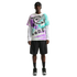A person modeling a colorful purple, teal, and white graphic Nike t-shirt layered over a white long-sleeve shirt, paired with black athletic shorts, a black beanie, and grey sneakers against a solid black background.