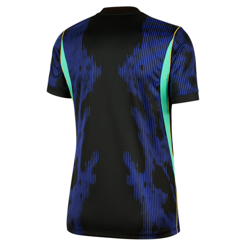 Rear view of a black short-sleeved sports jersey featuring blue pixelated vertical stripes and light green side panels.