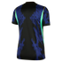 Rear view of a black short-sleeved sports jersey featuring blue pixelated vertical stripes and light green side panels.