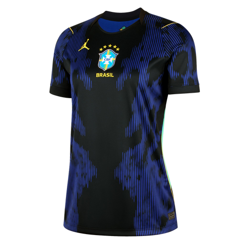 Black Brazil national team jersey with blue vertical line patterns. Features a yellow Jordan logo and the CBF crest with five stars.
