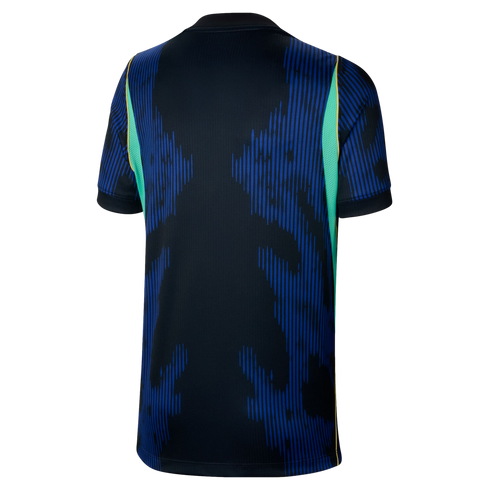 Back view of a navy sports jersey featuring bright blue vertical stripes in a jagged pattern, with neon green side panels and a black crew neck.