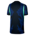 Back view of a navy sports jersey featuring bright blue vertical stripes in a jagged pattern, with neon green side panels and a black crew neck.