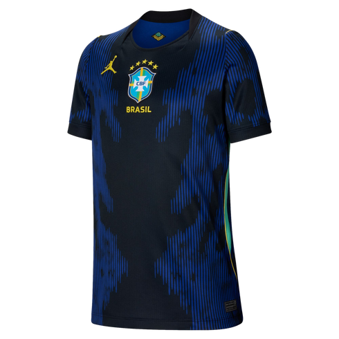 Navy Brazil football jersey featuring blue vertical stripe patterns, a central CBF team crest with five gold stars, and a yellow Jordan Jumpman logo on the chest.