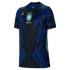 Navy Brazil football jersey featuring blue vertical stripe patterns, a central CBF team crest with five gold stars, and a yellow Jordan Jumpman logo on the chest.