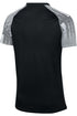 Back view of a black short-sleeve athletic jersey with black-and-white striped raglan sleeves.