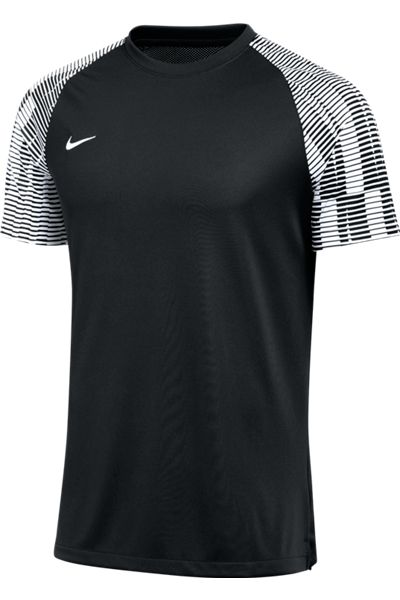 Black Nike short-sleeve athletic shirt with black and white horizontal striped raglan sleeves and a white swoosh logo on the left chest.
