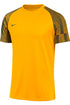 Bright orange Nike short-sleeved athletic t-shirt featuring black graphic-patterned raglan sleeves and a black swoosh logo on the chest.