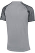 Rear view of a grey short-sleeved athletic shirt featuring black striped patterns on the raglan sleeves.