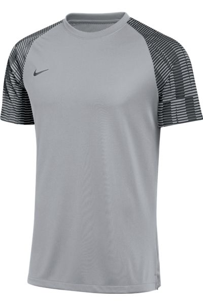 Grey Nike short-sleeved athletic t-shirt with grey and black striped raglan sleeves and a black swoosh logo on the chest.