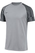 A grey Nike short-sleeve athletic shirt with a round neck and raglan-style sleeves featuring a black and grey striped pattern.