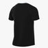 Back view of a black short-sleeve athletic t-shirt with a white ribbed collar and a horizontal seam across the back.