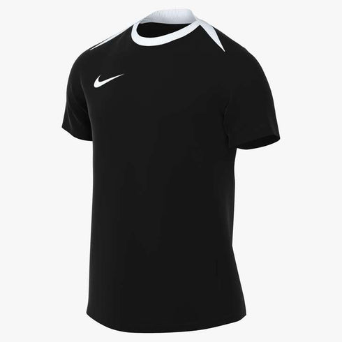 A black Nike short-sleeve jersey with a white crew neck, white shoulder accents, and a white Nike swoosh logo on the chest.