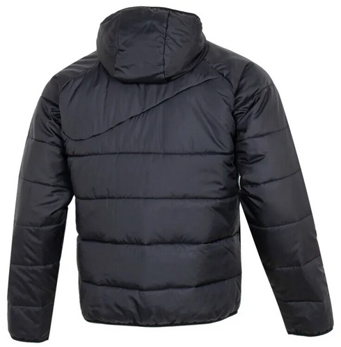 The back view of a black hooded puffer jacket with horizontal quilting and long sleeves.
