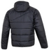 The back view of a black hooded puffer jacket with horizontal quilting and long sleeves.
