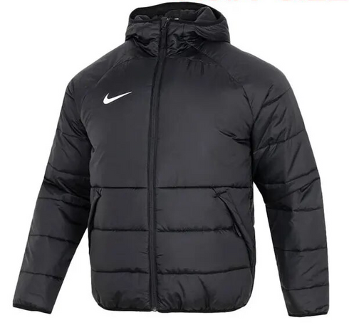 Black Nike hooded puffer jacket with horizontal quilting, a front zipper, and a white swoosh logo on the chest.