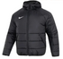 A black Nike hooded puffer jacket featuring horizontal quilting, a full-length zipper, and a white swoosh logo on the chest.